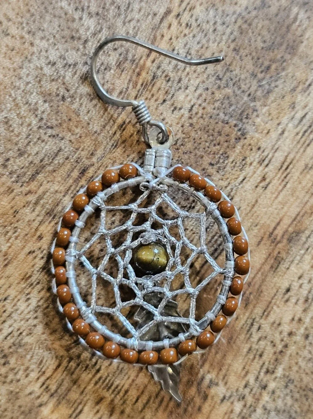 Boho Dreamcatcher Feather Drop Earrings Brown Beads & Silvertone Webbing/Charm